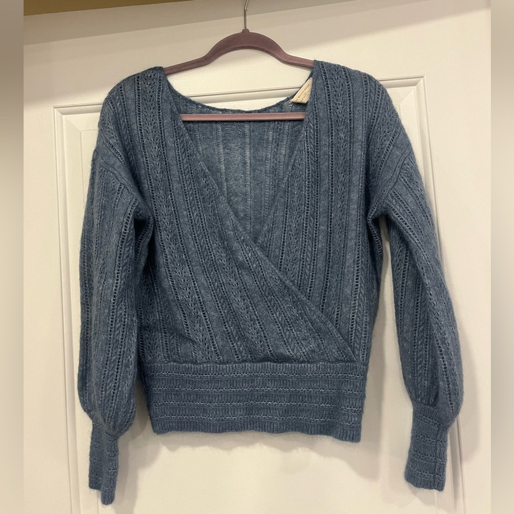 Dusty blue Sezane wrap sweater